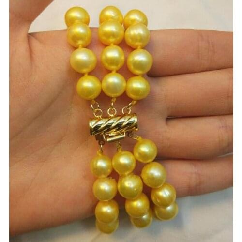 Jewelry Pearl Bracelet Triple strands 9-10MM SOUTH SEA GOLD PEARL BRACELET Gold Free Shipping