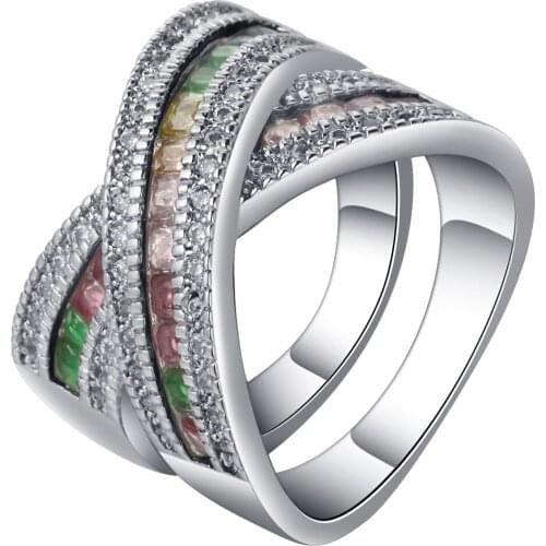 UFOORO brand colorful cz cross ring for women vintage zircon silver filled ring size 6-10 female birthday stone gifts wholesale