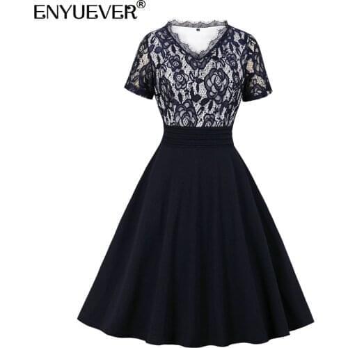 Enyuever Navy Blue Lace Formal Dress Women Clothing Short Sleeve Patchwork High Waist Robe Pin Up Swing Evening Party Dresses