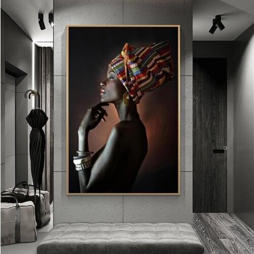 African Art Black Woman with Headwear Canvas Paintings on The Wall Art Posters and Prints Canvas Pictures for Living Room Decor