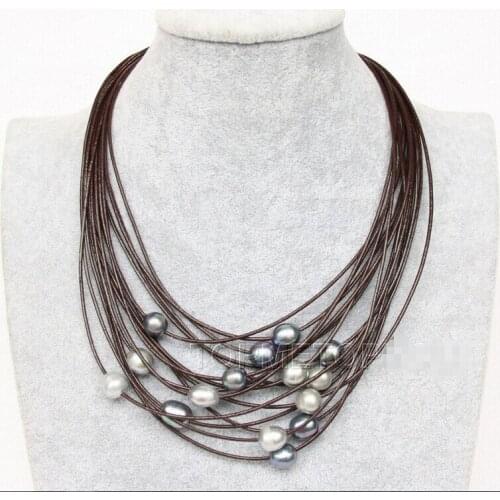 Free shipping >>>>>>Sunning! 15Strands big white gray black pearls wine red leather necklace e2321