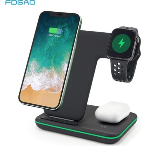 FDGAO 15W 3 in 1 Qi Wireless Charger Stand for iPhone 12 11 XS XR X 8 AirPods Pro Charging Station For Apple iWatch SE 6 5 4 3 2