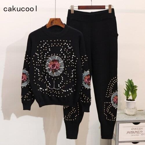 Cakucool Women Winter Handmade Beading Sequined Pattern Long Sleeve Knitted Pullover Tops and Trousers 2pcs Clothing Sets Female