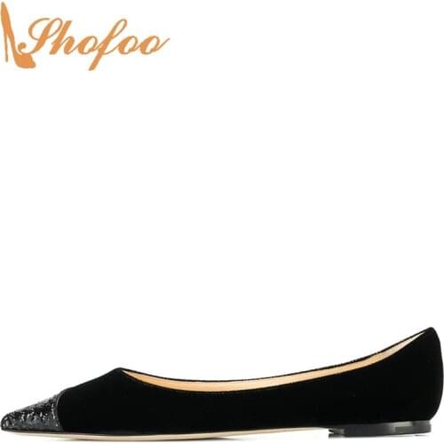 Black Flock Ballet Flats Sequined Cloth Pinted Toe Woman Slip On Large Size 13 15 For Ladies Fashion Party Shoes Mature Shofoo