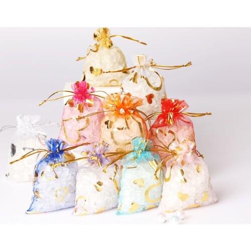 50pcs Pouch Lovely Rectangle Jewelry Candy Bags Christmas Organza Gift Bags Heart Design Organza Drawstring