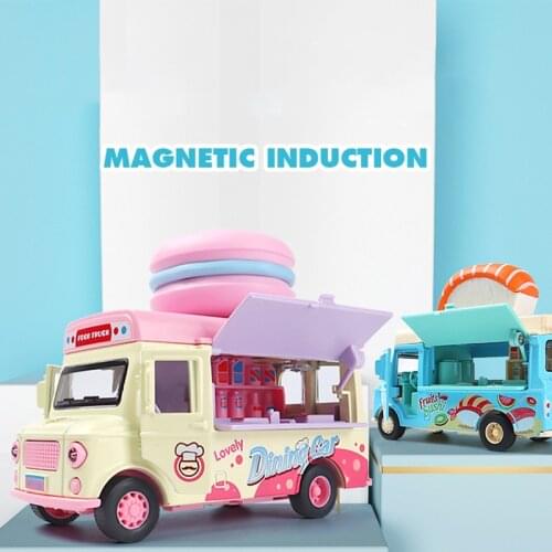 Cartoon Q version dining car alloy car model magnetic induction music snack car childrens toy car model birthday gift