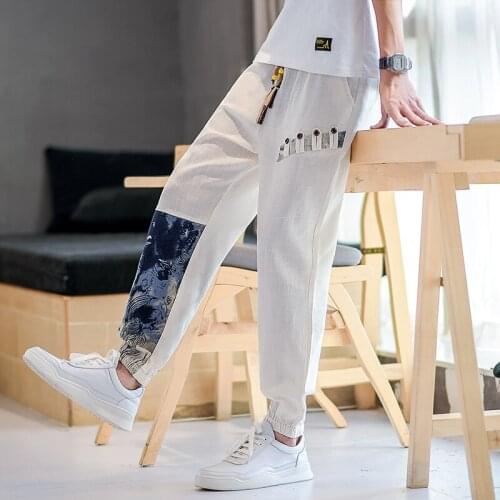 Mens Summer Chinese Style Cotton Linen Harem Pants Loose Ankle-length Casual Trousers Thin Print