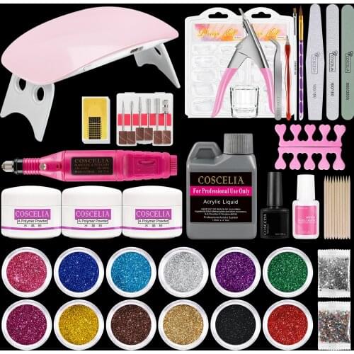 COSCELIA Acrylic Powder Set With UV LED Lamp Electric Nail Drill Machine Liquid Tips Tools Professional Kit For Beginner