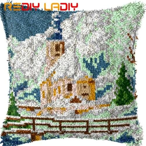 Latch Hook Kits Make Your Own Cushion Church Scenery Printed Canvas Crochet Pillow Case Latch Hook Cushion Cover Hobby & Crafts