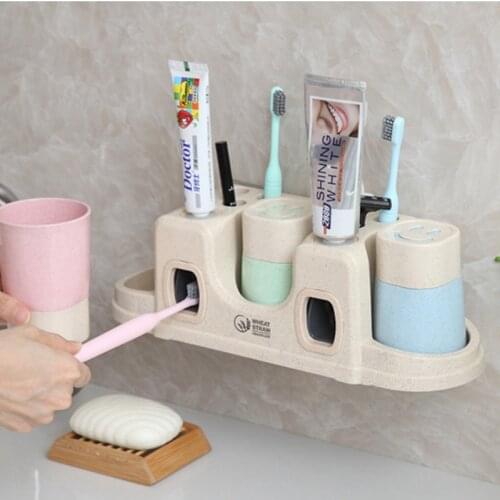 QuickDone 3 Types Toothpaste Dispenser+Tooth Cup Toothbrush Set Storage Rack Wall Mounted Couple Washing Bathroom Holder NDK0231