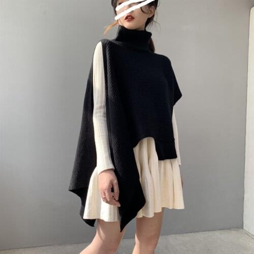 Korean Spring New Knitted Shawl Side Spilt Irregular Sleeveless and Hem High Collar Shrug Sweaters Women Fashion Streetwear 2020