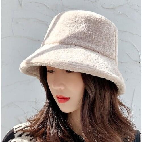 KENSHELLEY Lamb Faux Fur Bucket Hat Thickened Warm Winter Hats For Women Velvet Cap Lady Outdoor Lamb wool Fisherman Hat