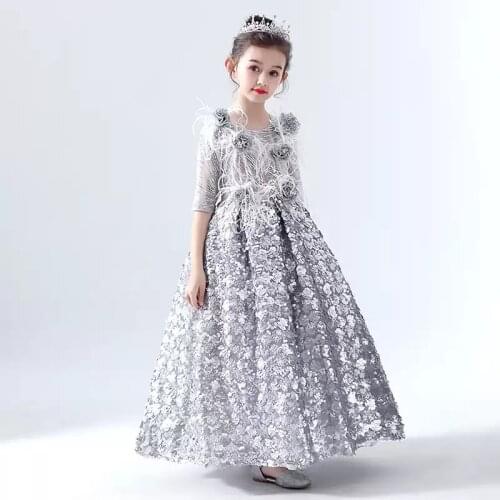 Flower Girl Dresses Sequined Appliques Crystal Half O-Neck Princess Floor-Length Tulle Lace Luxury Silver Kids Party Gown H548