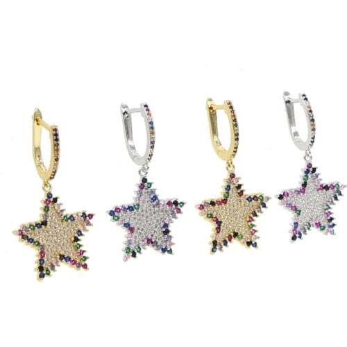 Gold filled hot selling sparkling cz star dangle earring rainbow colorful cz charm fashion women drop earrings christmas gift