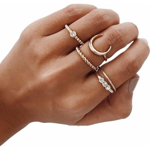 5 Pcs/Set Simple Geometric Moon Shaped Joint Knuckle Rings Crystal Rhinestones Ring Womens Fashion Jewelry Gift #264847