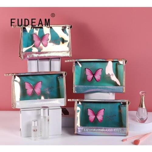 FUDEAM Butterfly Pattern Transparent Women PVC Cosmetic Bag Toiletries Organize Storage Waterproof PU MakeUp Bag Female Wash Bag