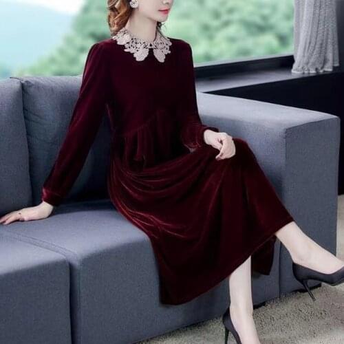 2021 Spring Fall Vintage Women High Waisted Wine Red Green Velvet Dress , Casual Velour Dresses for Woman Clothing