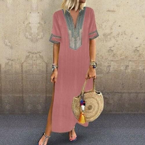 Vintage Women Maxi Dress Plus Size Short Sleeves V-Neck Loose Robe Dresses Vestidos Ladies Side Split Long Boho Dresses