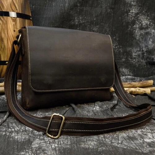 Mens Vintage crazy horse leather messenger bag A4 Genuine leather shoulder bag iPad Thick Cow leather school bag magnetic flap