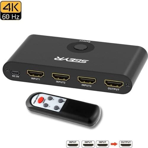 HDMI 2.0 Switch Aluminum SGEYR 3 Port HDMI Switch 3 in 1 Out HDMI Switcher 4K with IR Remote Support HDCP 2.2,3D 2160P 1080P