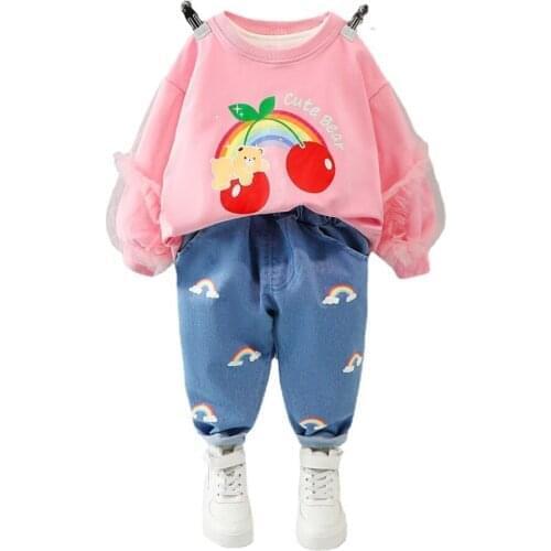 High Quality Fashion Kids Girls Spring Rainbow Cartoon Bear Sweatshirt Jeans Two-piece Clothing Sets