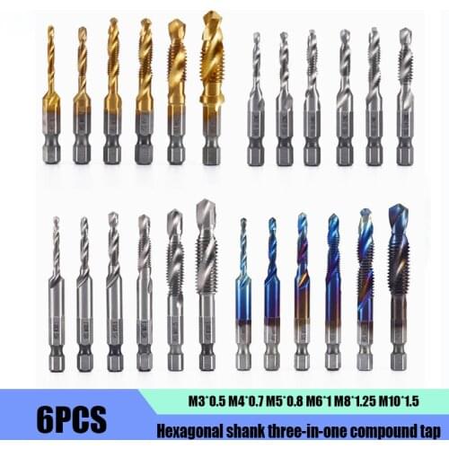 High Speed Steel Hexagonal Shank Three-in-one Compound Spiral Tap Drilling, Tapping/Chamfering Integrated Screw Machine Tapping