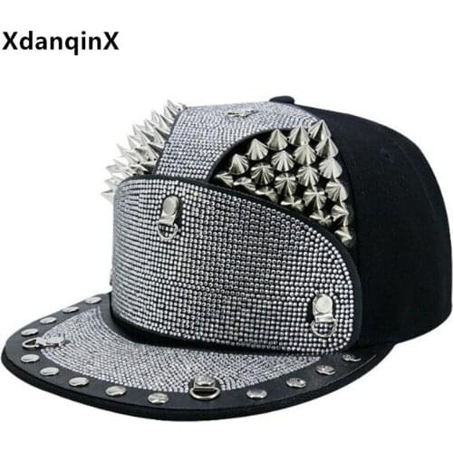XdanqinX 2021 Novelty Hip Hop Caps For Men Women Diamond-encrusted Headdress Decoration Flat Brim Hat Trend Hip-Hop Baseball Hat