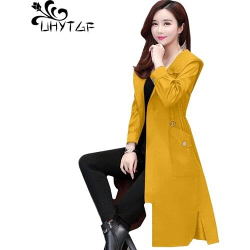 UHYTGF Womens windbreaker Fashion hooded thin coat elegant female spring autumn trench coat Pure color Casual Plus size tops 93