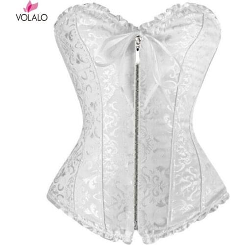 2019 New Women Front Overbust Zip Corset Jacquard Floral Lace Up Boned Shaperwear Fashion Steampunk Bustiers Gothic Clubwear