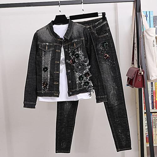 Autumn 2 Piece Set Womens Sequined Flower Embroidery Denim Jacket + Stretch Pants Suits Female Casual Two Piece Sets For Woman
