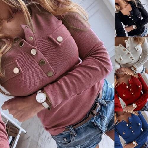 Womens Autumn Winter Knitted Sweater Tops Casual Long Sleeve Turn Down Collar Button Up Pocket Sweater Coats WDC4146