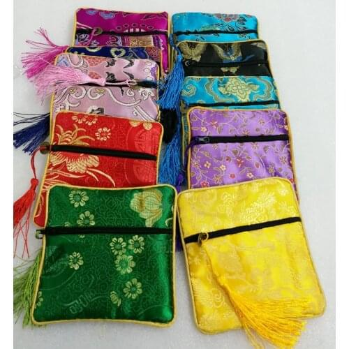 20pcs / lot Chinese Zipper Coin Tassel Square Embroidery Brocade Silk Coin Bags, Purse, Jewelry Bags, necklace bags