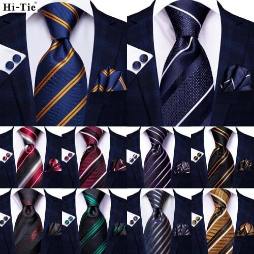 Hi-Tie Navy Blue Striped Silk Wedding Tie For Men Fashion Design Gift Men Necktie Hanky Cufflink Set Business Party Dropshipping