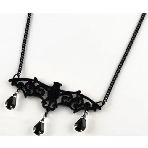 Goth Bat Necklace with Black Rhinestones Black Bat Pendant Vampire Punk Charm Statement Jewelry Gift Halloween Fashion Man Women