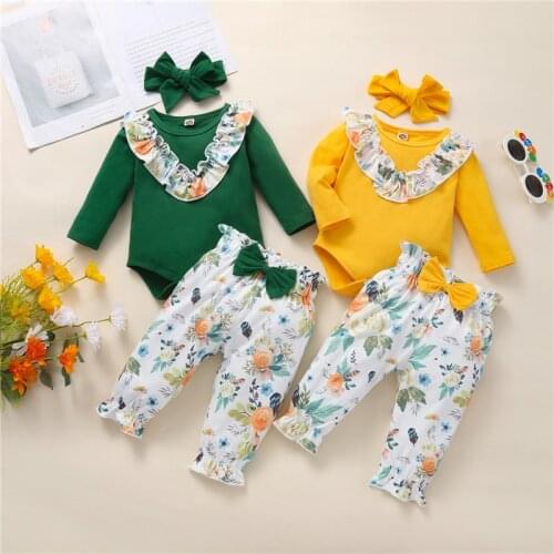 0-18Months 3Pcs Newborn Baby Girls Tops and Trousers Suit,Fresh Stitching Long Sleeve Romper and Flower Long Pants with Headband