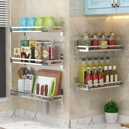 Kitchen Wall Shelf Storage Organizer Shelf Spice Rack Punch Free Stainless Steel Storage Shelf Rack Holder for Kitchen Bathroom