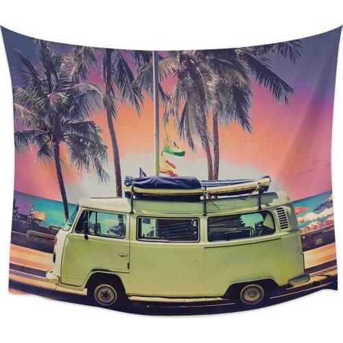 Summer Dusk Sunset Seaside Bus Tropical Coconut Trees Wall Tapestry Cover Beach Towel Picnic Yoga Mat Home Decoration