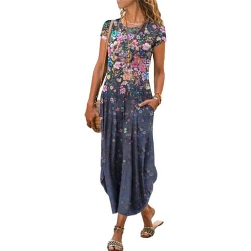 Fashion Women Dress Round Neck Short Sleeve Pockets Floral Print Loose Maxi Dress for Party Floral Print O Neck Loose Maxi Dress