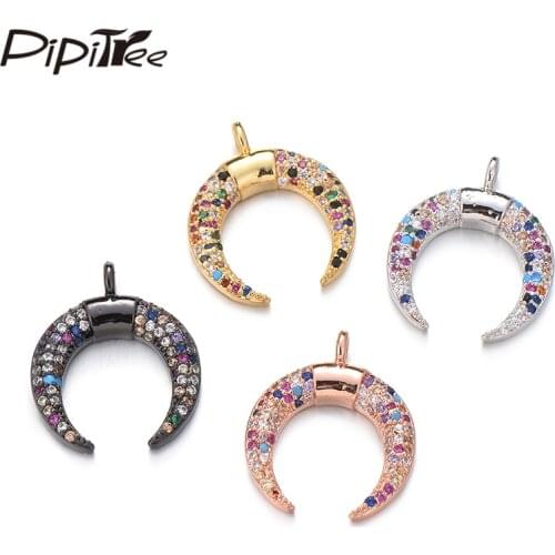 Pipitree Fashion Copper Vacuum Gold Color Multi CZ Zircon Moon Charms fit Pendant Necklace DIY Horn Shape Charms Jewelry Making