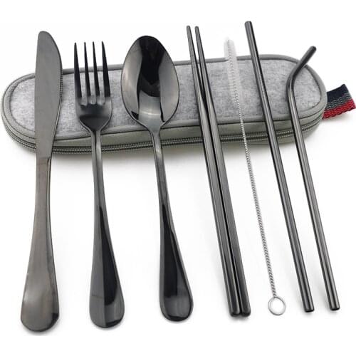 Dinnerware Set Travel Camping Cutlery Set Reusable Silverware with Metal Straw Spoon Fork Chopsticks and Portable Case