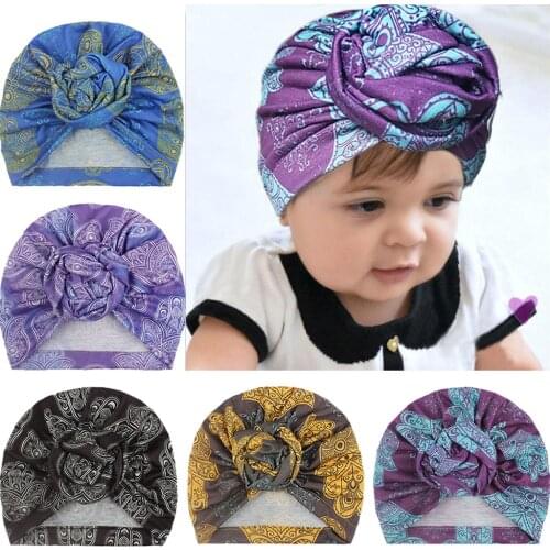 Nishine Bohemia Retro Print Flower Hat with Round Ball Knot Newborn Infant Toddler Hedging Cap Turban Baby Girls Headwear