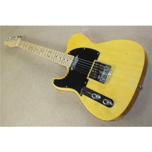 Factory Wholesale Left-hand Yellow String-thru-body Electric Guitar with Maple Fretboard,Black Pickguard,Offer Customized