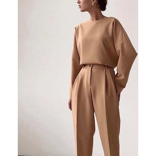 2020 Autumn New Solid Color Suit Womens Set O Neck Long-sleeved Shirt Fashion Women Suit Pants Suit
