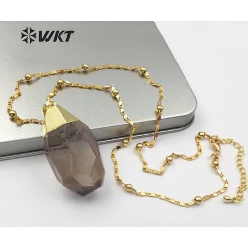 WT-N1149 Natural Smokey Quartz Necklace Gold Capped Chunky Gem-stone Pendant Healing Quartz Jewelry Women Fashion Necklace