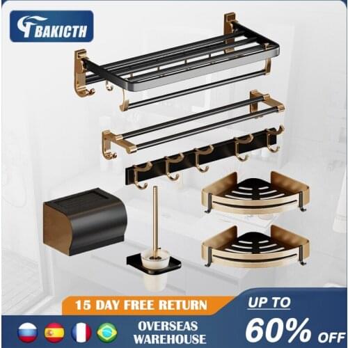 Bakicth Black Gold Bathroom Shelf Toilet Punch-Free Towel Rack Light Luxury Hanger Toilet Bath Towel Rod Wall Hooks Shelf