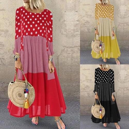 Women Dress Ladies Polka Dot Printed Long Dress Long Dress Vintage Womens Cotton Linen Dresses Female Kaftan Vestido Femme