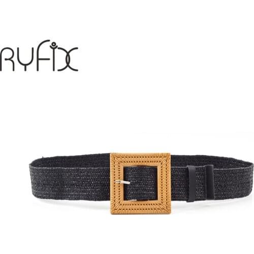 Summer Elastic Imitate Woven Straw Waist Belts Square Buckle Adjustable Woven straw Waistband Beach Dress Belt BL597