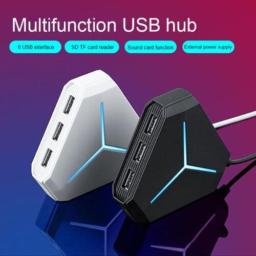 USB Hub Splitter 6 Ports With TF SD Card Reader Mic AUX Cool Light Charging USB 2.0 Hub 1m Cable for Multi-device Desktop Laptop
