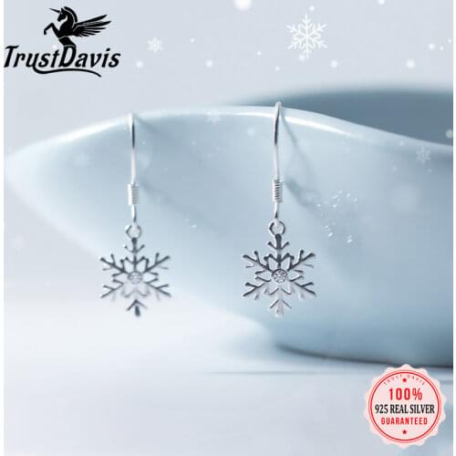 TrustDavis Real 925 Sterling Silver Fashion Winter Snowflakes Charm Dangle Earrings For Women Wedding Christmas Jewelry DA01-9