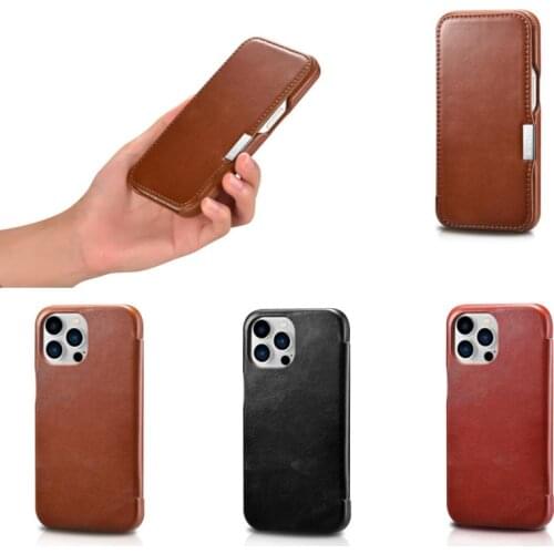 ICarer Vintage Series Side-open Genuine Flip Leather Cover for iPhone 12 Mini 11 Pro Max SE 7 8 Plus XS XR Real Leather Case